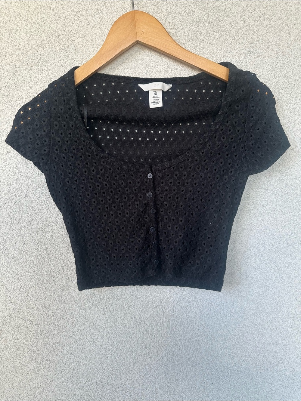 H&M Black Eyelet Crop Top | Square Neck | Button Front | Cap Sleeve | Small